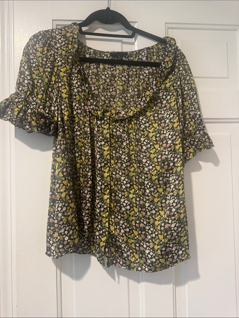 J. Crew Black Floral Ruffle Top with Yellow Accents